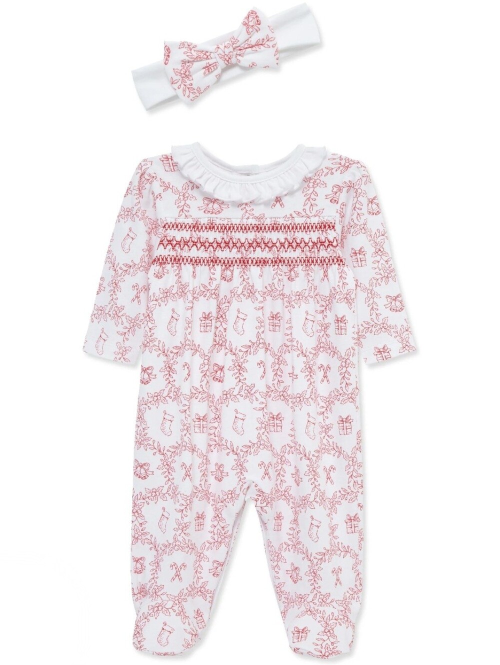 Newborn Little Me Festive Toile Smocked Holiday Footie & Headband Set Like New